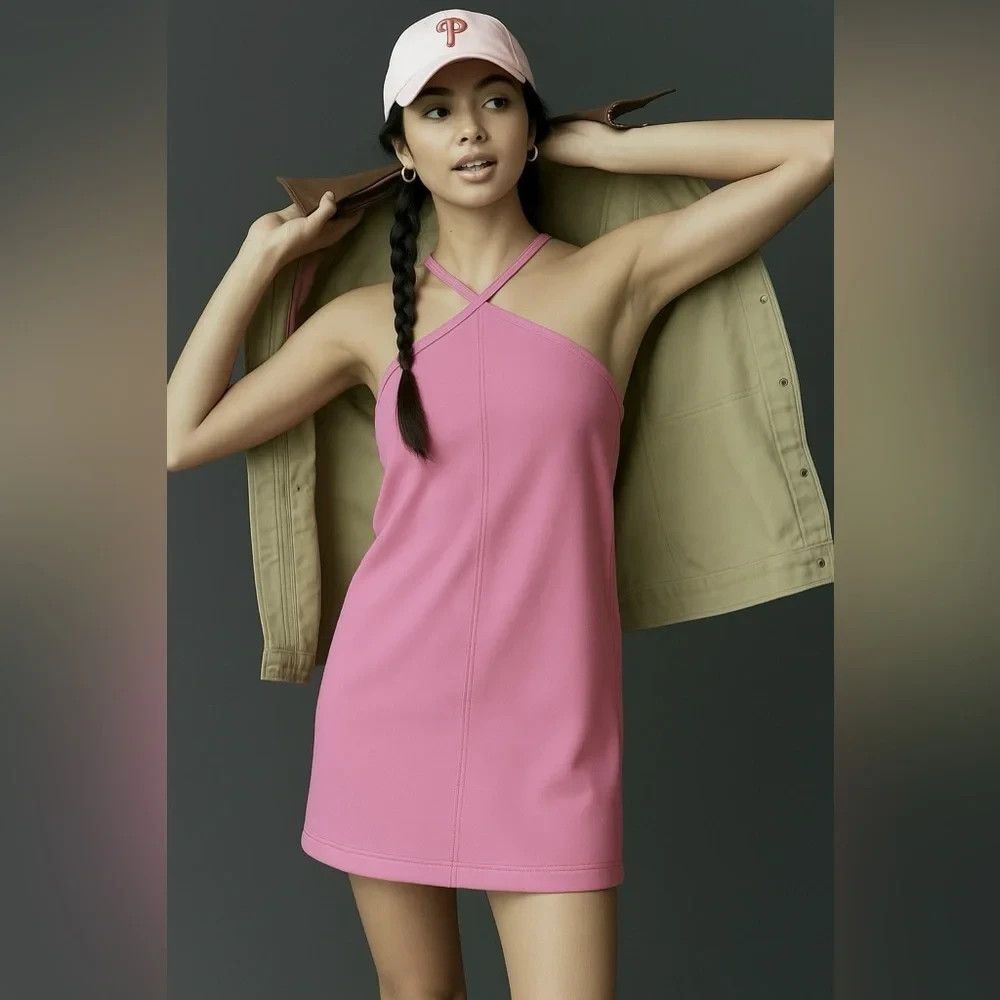 Daily Practice Anthropologie Pink Barbiecore Halter Mini Dress Pockets Medium